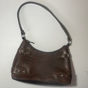 Chocolate Brown Mock Croc embossed faux leather hobo bag with silver hardware